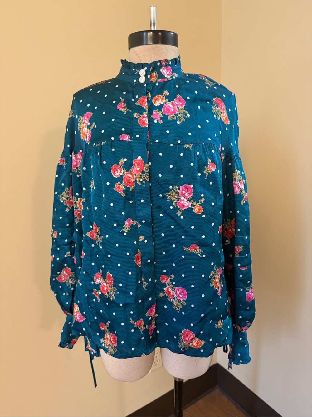 Anthropologie Teal Floral Polka Dot Ruffled High-Neck Blouse